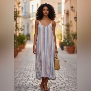 C&C California Beach Linen Striped Sleeveless Lightweight V-neck Colourful Dress